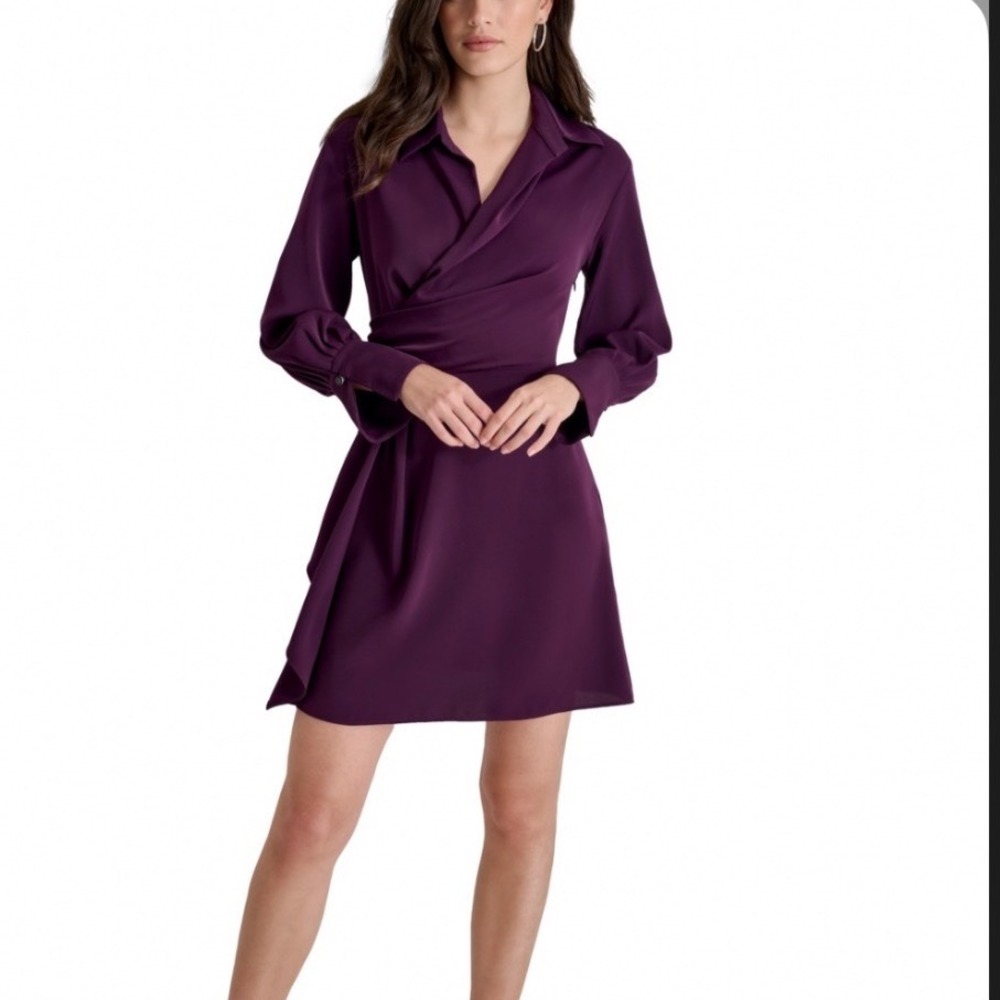 DKNY Wrap Dress Women 12 NEW Plum Purple Long Sleeve Collared Mini MSRP $134